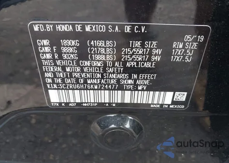 2019 Honda Hr-V Ex-L z USA, uszkodzony, nr VIN 3CZRU6H76KM724477